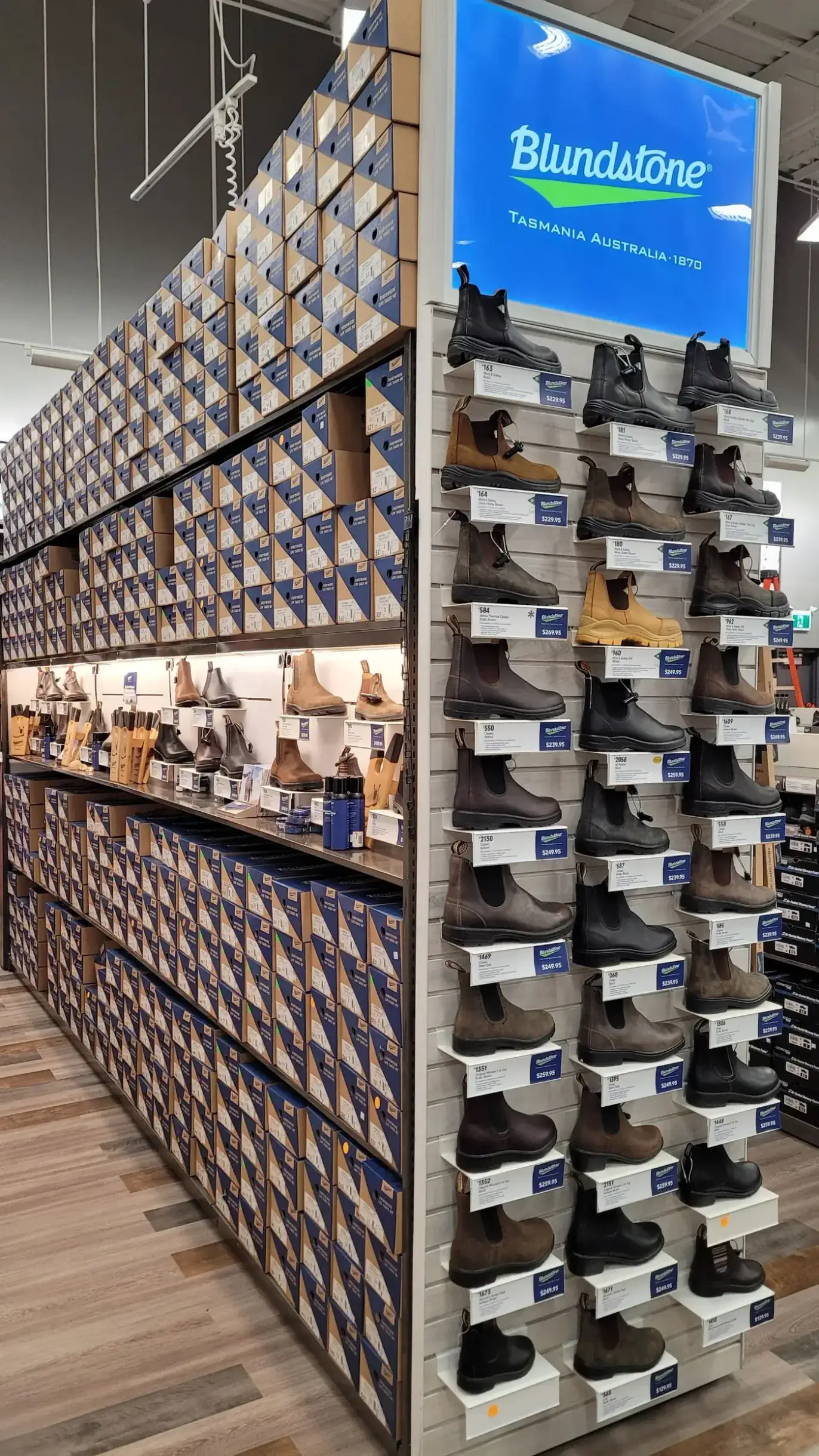 Blundstone display wall with dozens of styles in store